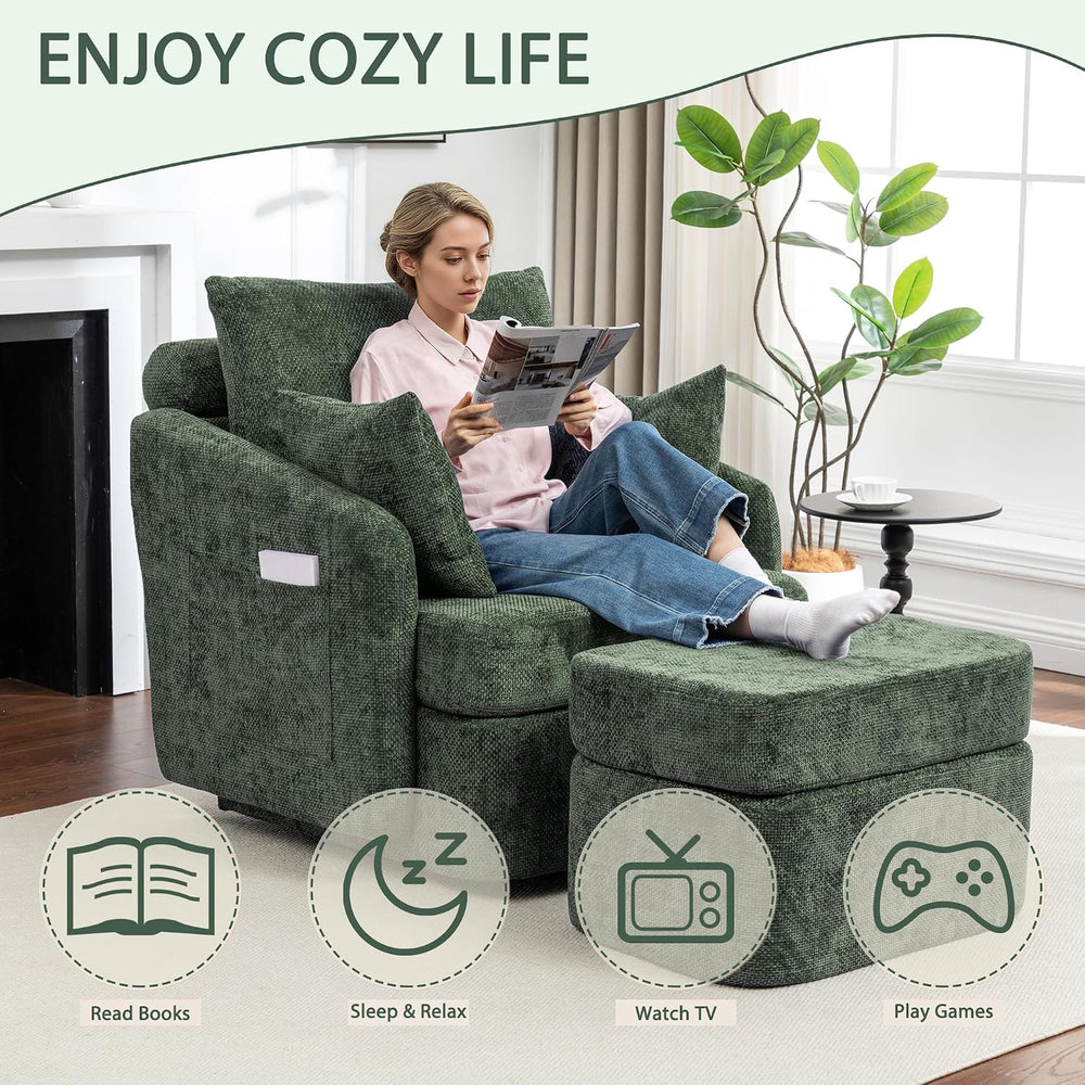 Swivel 39" Accent Chair with Ottoman & Pillows (Chenille Green)