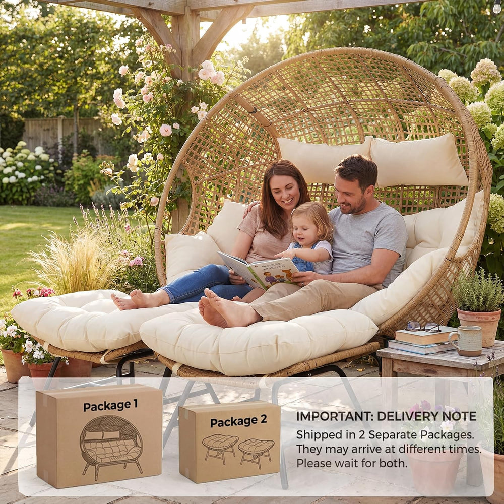 RADIATA Double Egg Chair with Ottoman, 2 Person Outdoor Wicker Loveseat