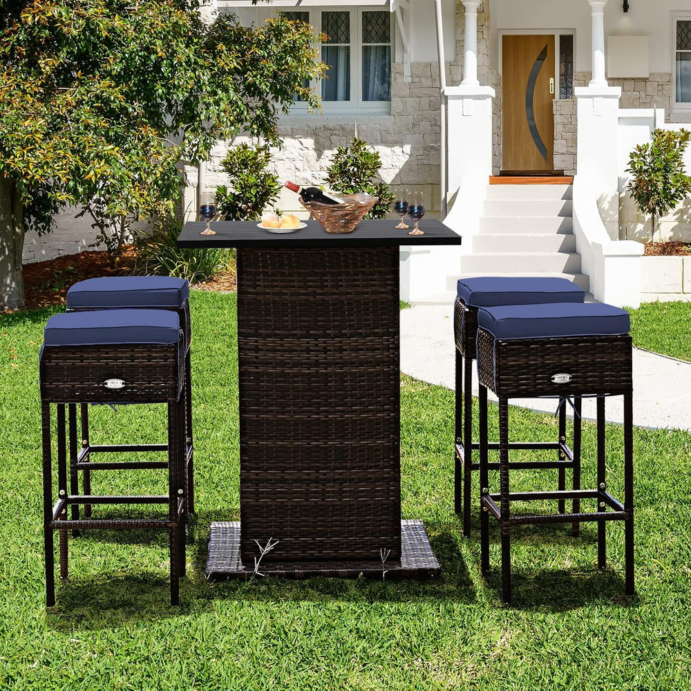 Tangkula 5 Piece Rattan Bar Table and Chairs Set Wirth 4 Cushioned Stools