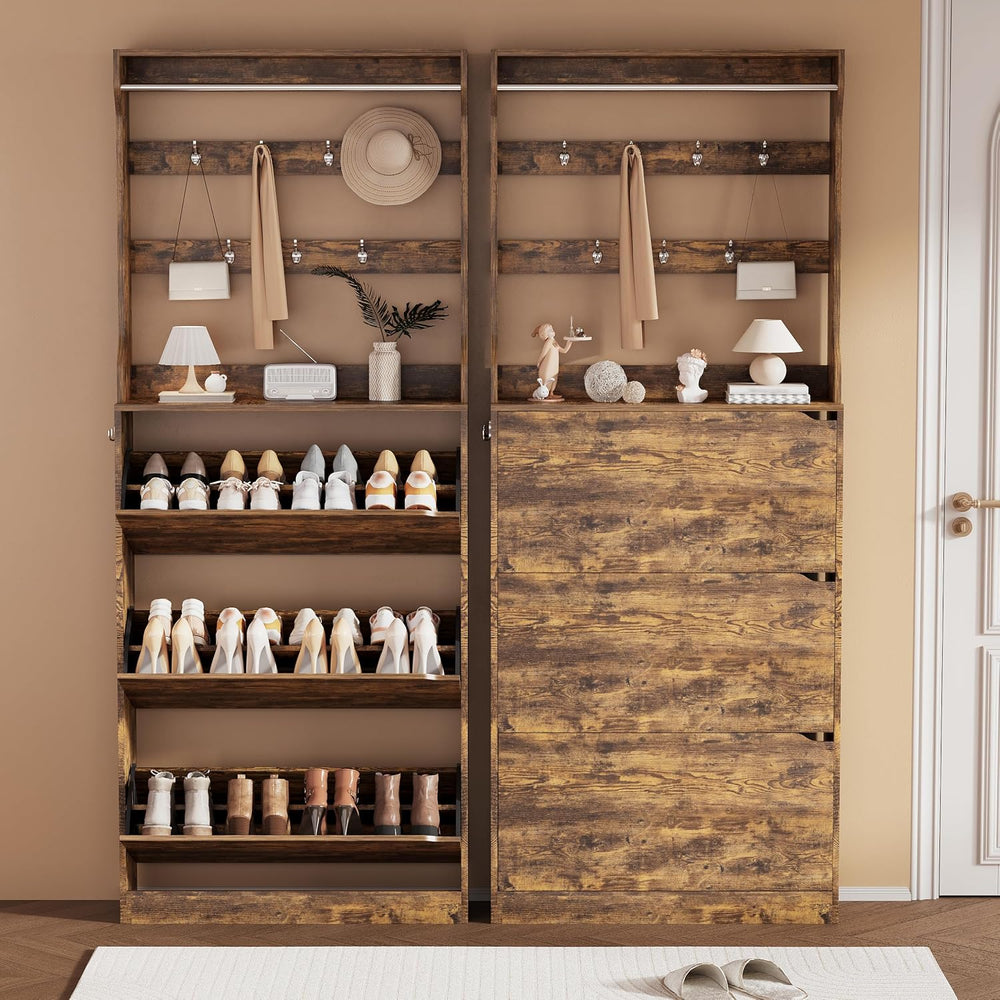 Brown Hidden Shoe Cabinet with 3 Flip Drawers & Coat Rack, Entryway