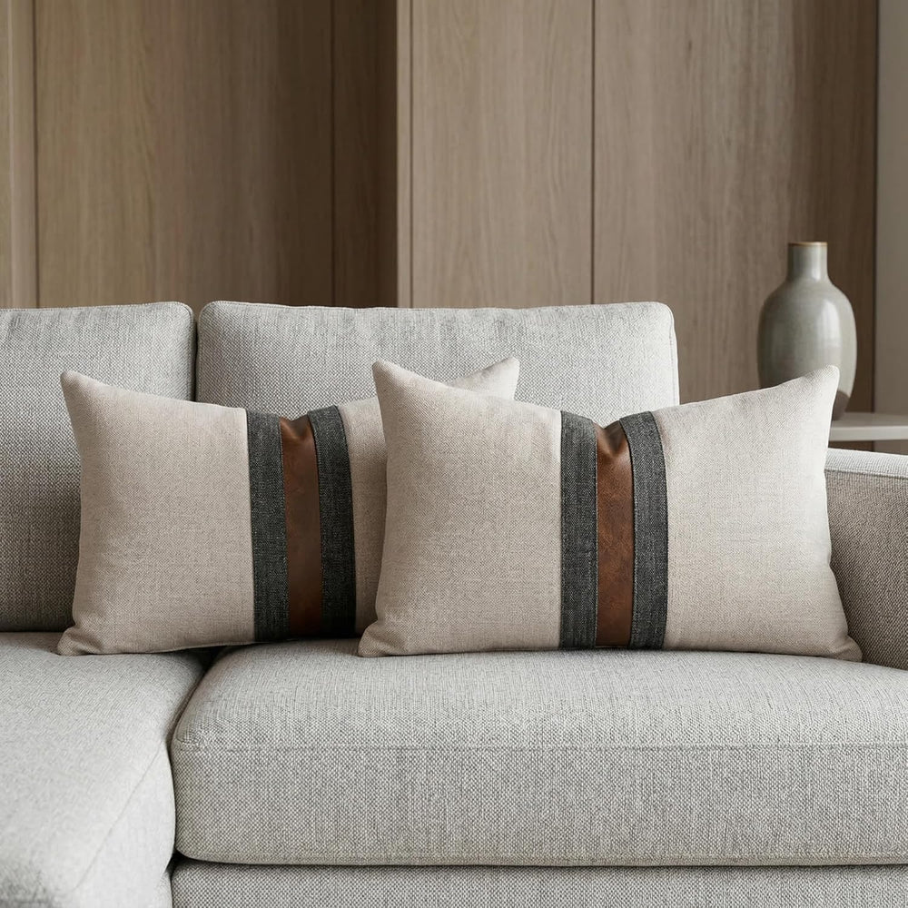 Set of 2 Leather Throw Pillow Covers Lumbar Cotton Linen Decor Patchwork Pill...