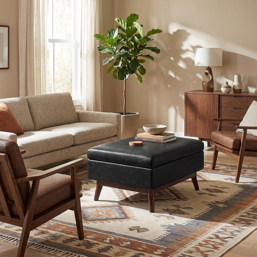 SIMPLIHOME Owen 34" Wide Vegan Leather Rectangle Lift Top Ottoman in Black