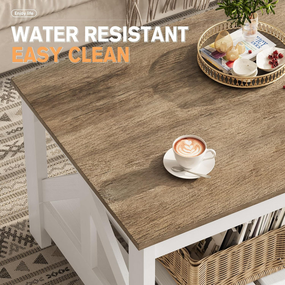 YESHOMY Farmhouse Coffee Table with Storage, Gray & White