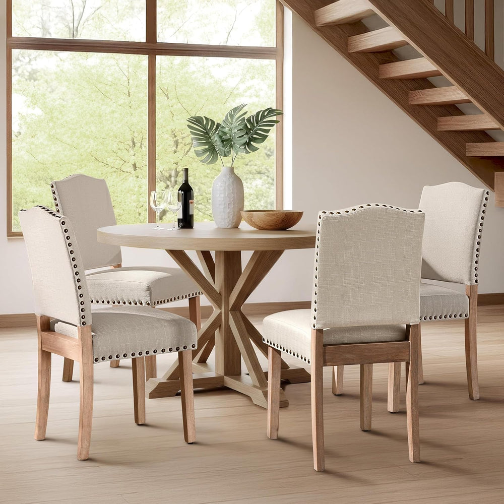 Yaheetech Dining Chairs Set of 4 Fabric Kitchen Chairs Nailhead Trim Beige