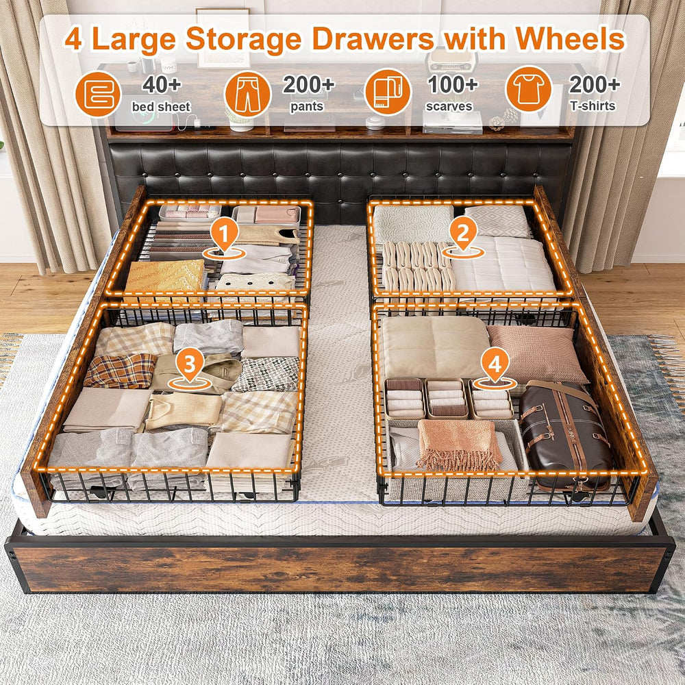 EnHomee King Size Bed Frame with 4 Drawers & Charge Station, Vintage Brown