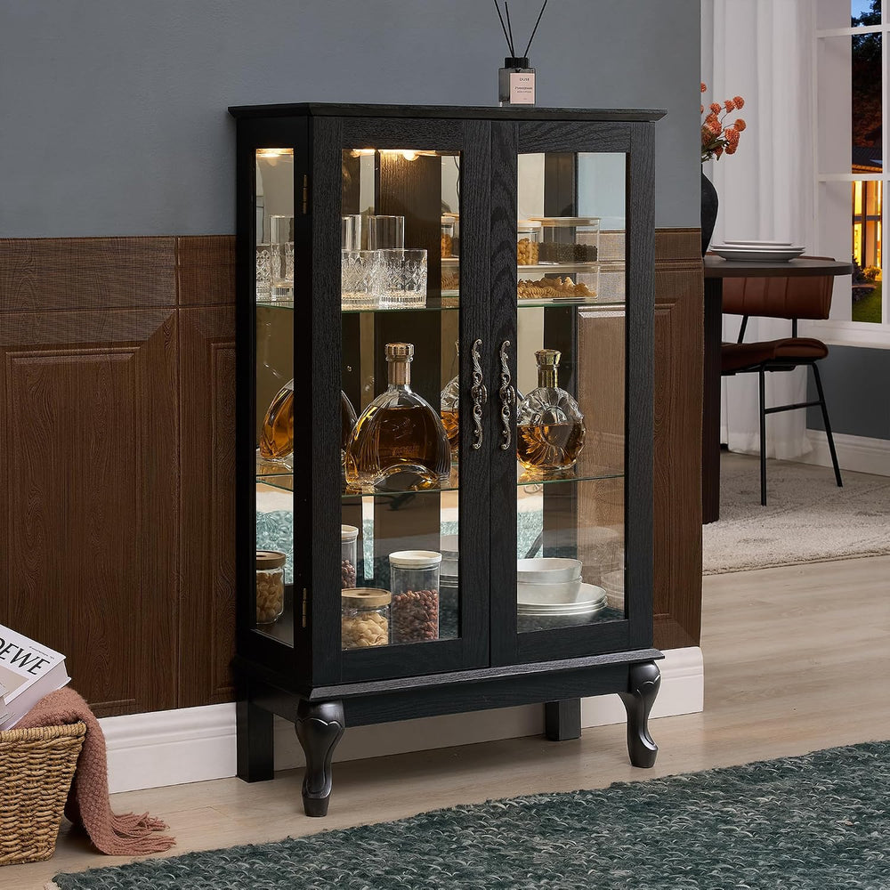 43" H Lighted Glass Curio Display Cabinet, 3-Tier Glass Accent Storage C...