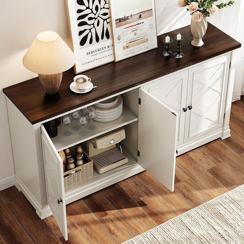 ONBRILL 63 Inch Buffet Cabinet with Storage, 4 Barn Doors, Off White
