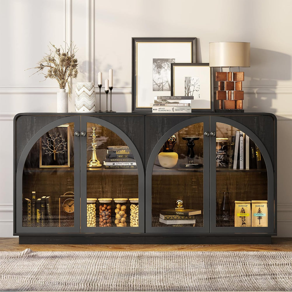 68" Sideboard Buffet Cabinet, Coffee Bar with Glass Doors & LED Light