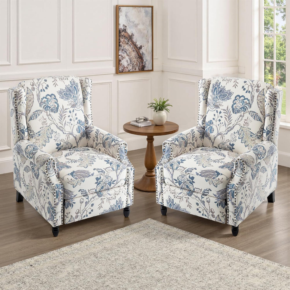 Floral Pushback Recliner Chairs Set of 2, Fabric Armchair, Blue Plant