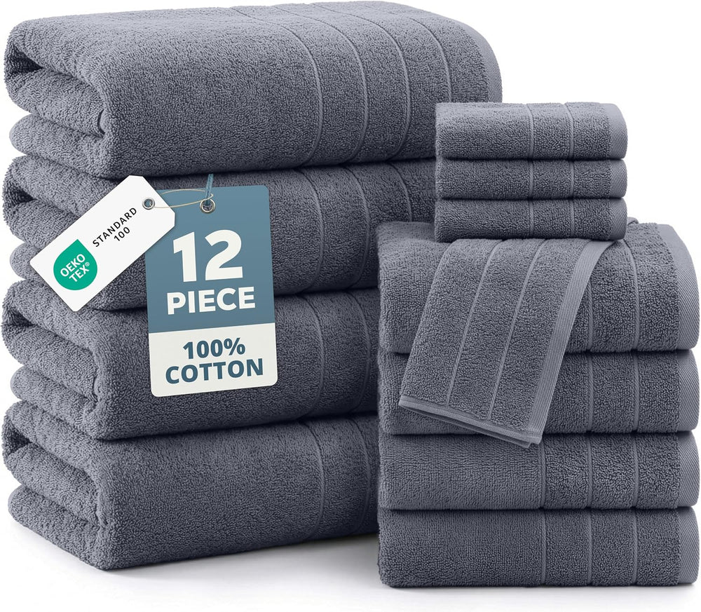 Casa Platino Bath Towel Set 100% Cotton 12 Piece Soft Absorbent - Cool Grey