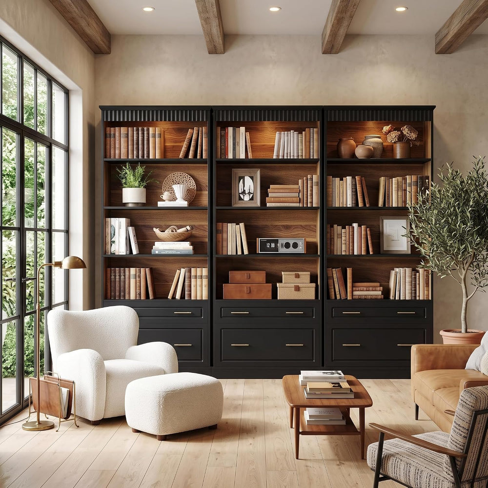 LITTLE TREE 72" Tall Black Bookcase, 5-Tier Office Bookself with File Ca...