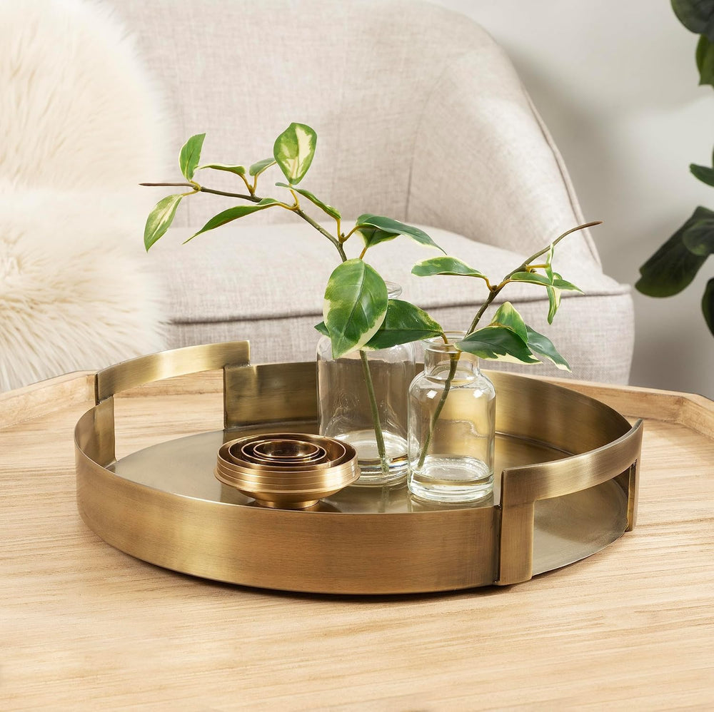 Kate and Laurel Myo Transitional Metal Round Tray; 15 x 15; Brass; Modern Gla...