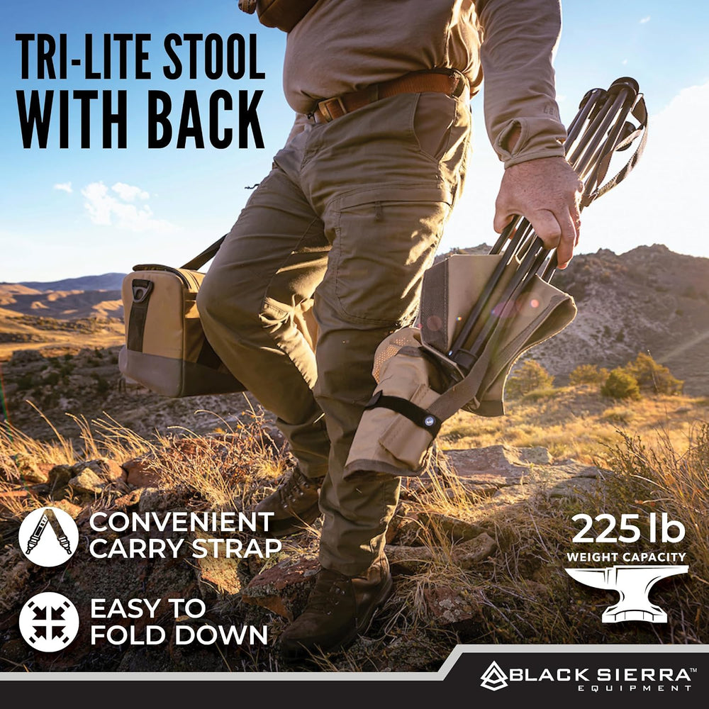 Black Sierra Folding Hunting Stool w Backrest & Cup Holder, 225 lb Capacity