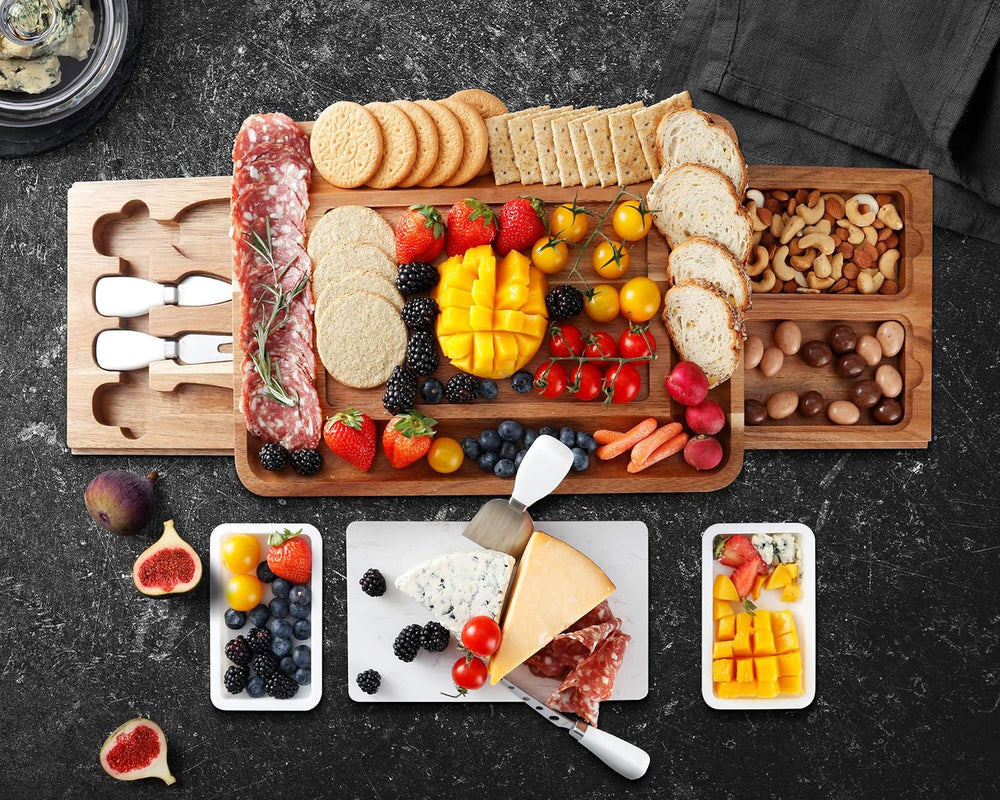 hecef Cheese Board Set Acacia Wood - Large Charcuterie Board with Stainless S...