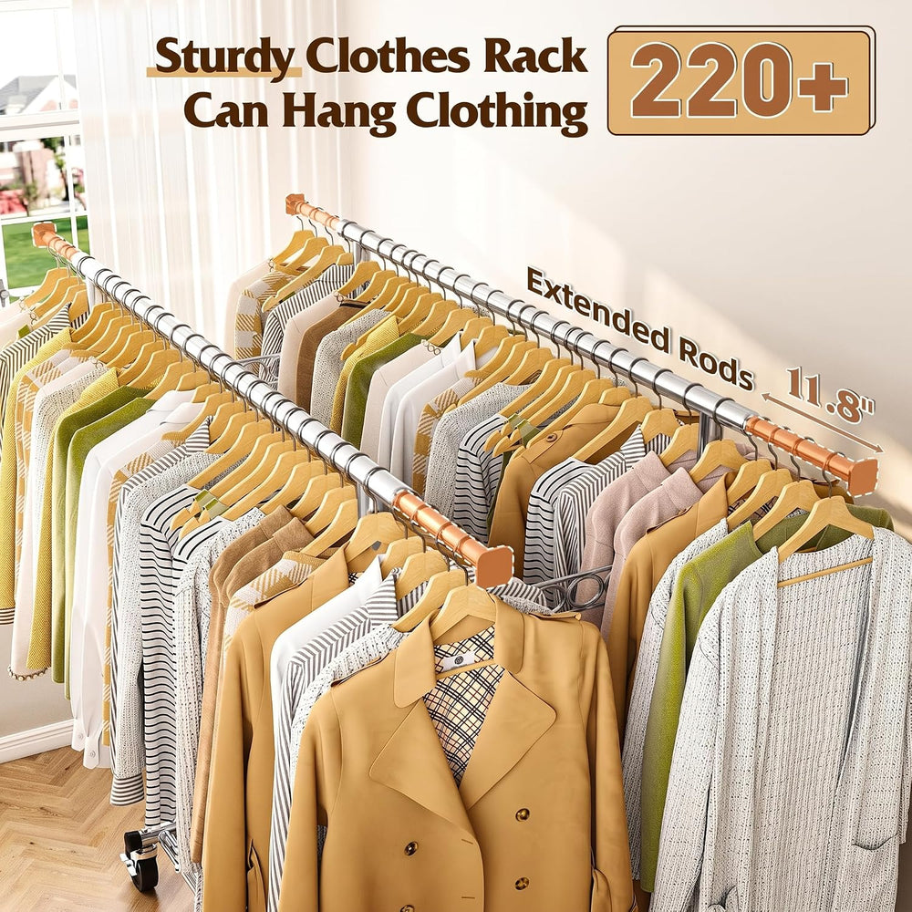 Raybee Heavy Duty Clothes Rack 650LBS Double Rods with Shelf Collapsible