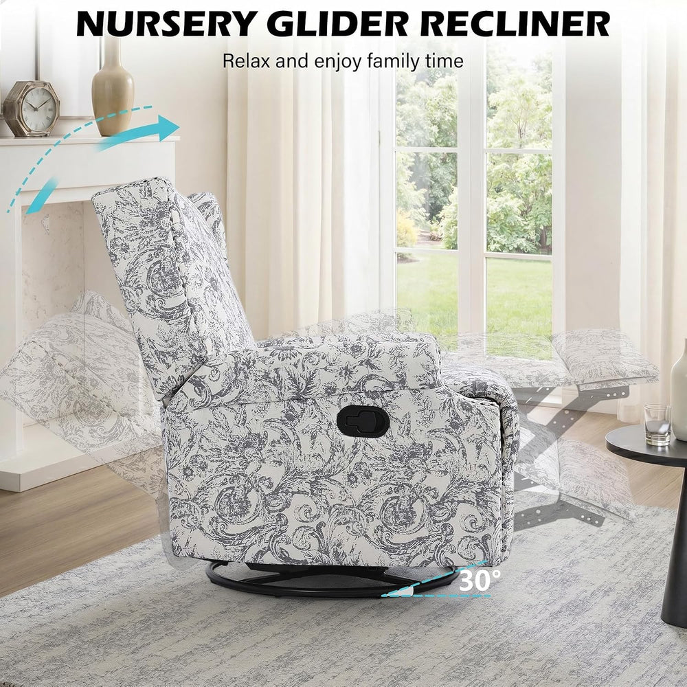 Swivel Rocker Recliner Chair, Rococo Wingback Armchair, Light Gray