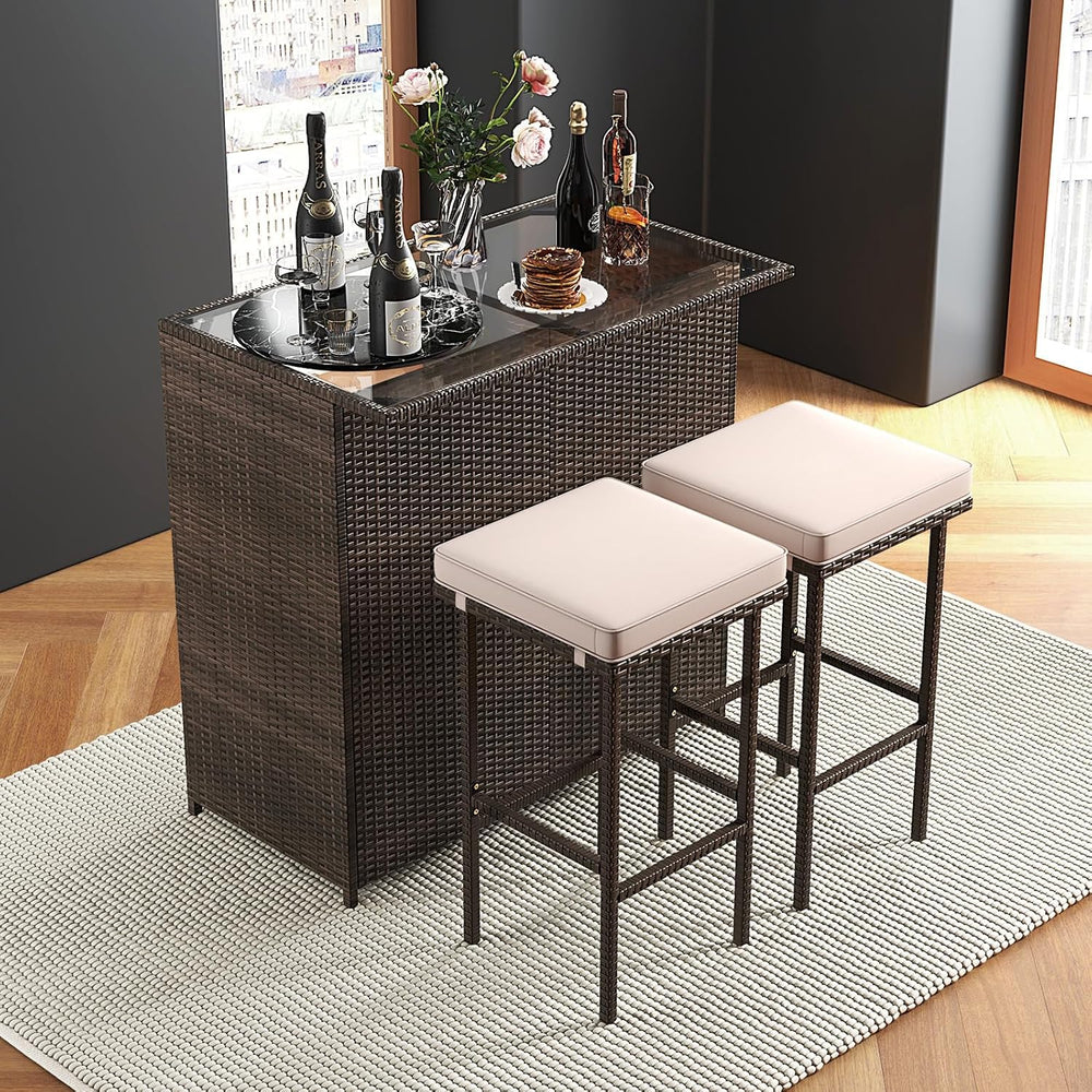Tangkula 3 Piece Patio Bar Set, Outdoor Rattan Bar Table and 2 Stools with Te...