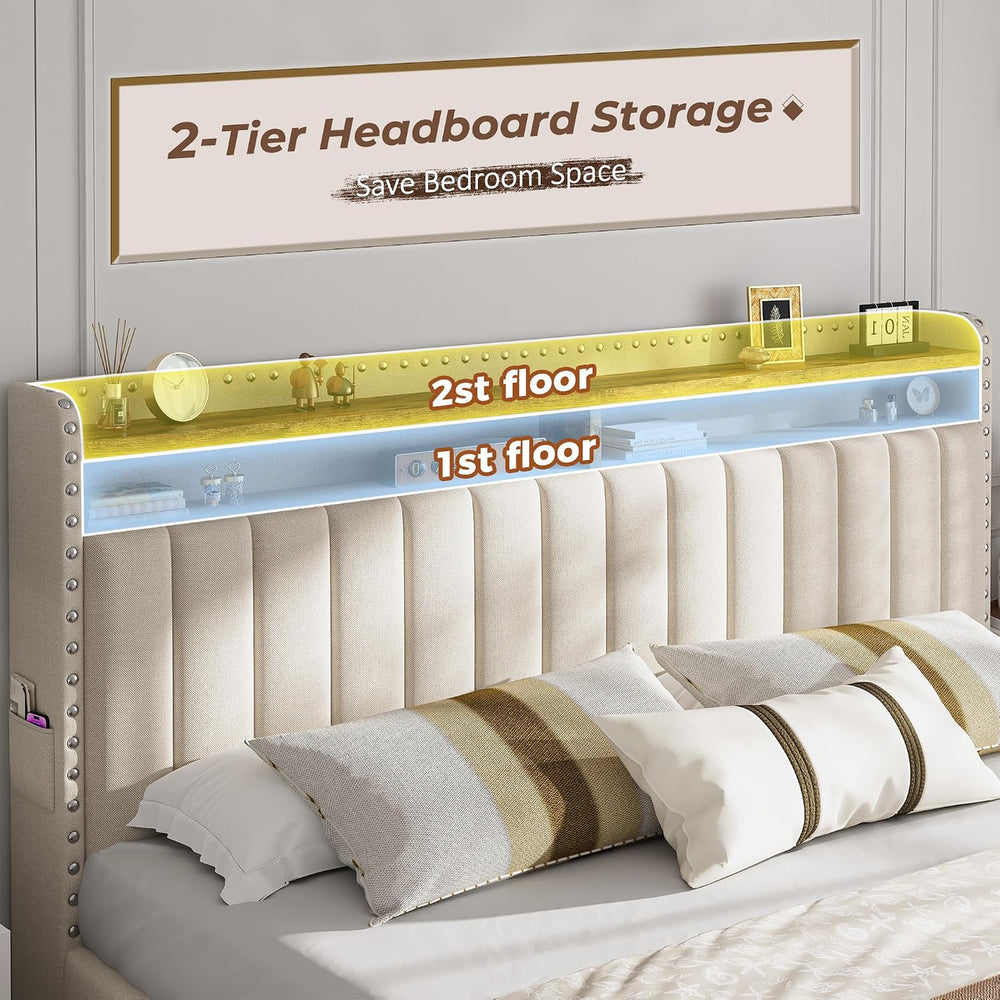 EnHomee Queen Bed Frame with 3 Storage Drawers & Headboard,Upholstered