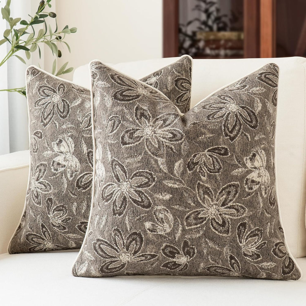 MATTINS Vintage Floral Patterned Throw Pillow Covers 24x24, Gray Brown 2PC