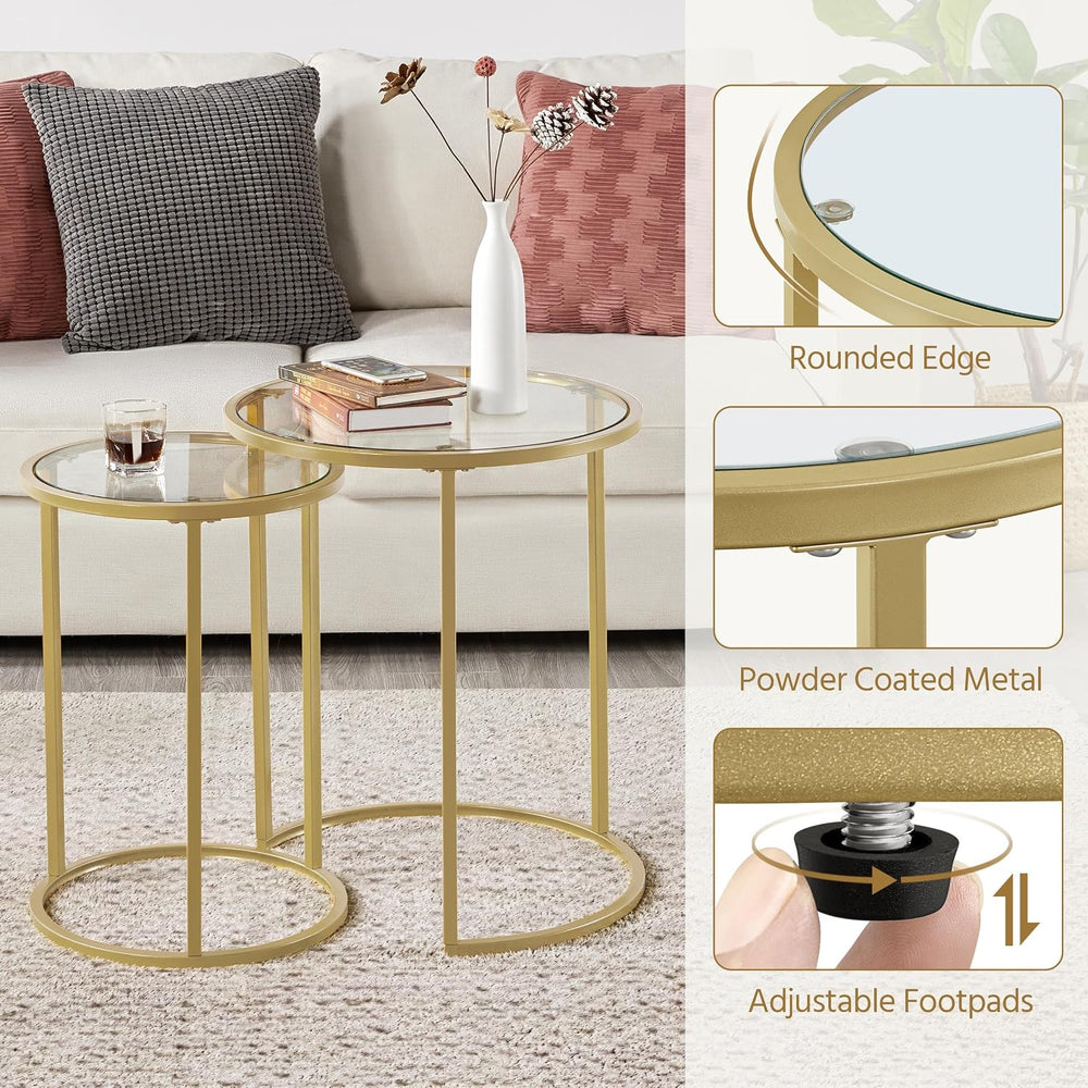 Yaheetech Round Nesting Side Table Set of 2, Gold Metal Frame and Glass Top