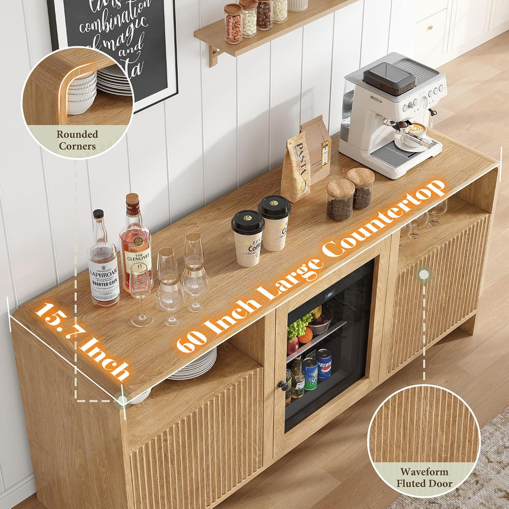 LUXOAK 60" Coffee Bar Cabinet with Beverage Fridge (Included), Oak