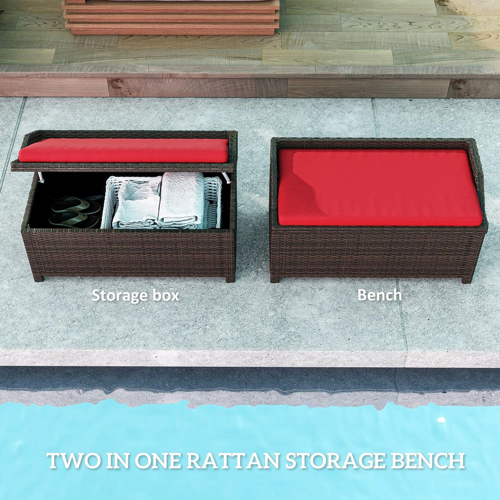 Outsunny 34 Gallon Outdoor Wicker Storage Bench Deck Box Red