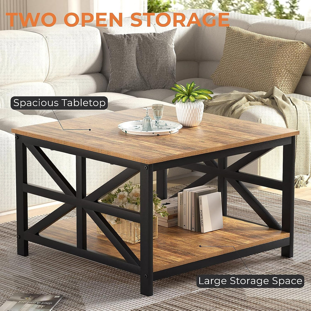 GreenForest 27.55 Inch Square Coffee Table with 2 Tier Storage