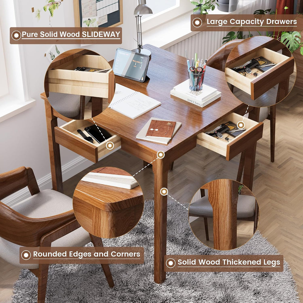 Solid Wood Desk with Drawers - 29.5” Square Dining Table, Mid Century Modern ...