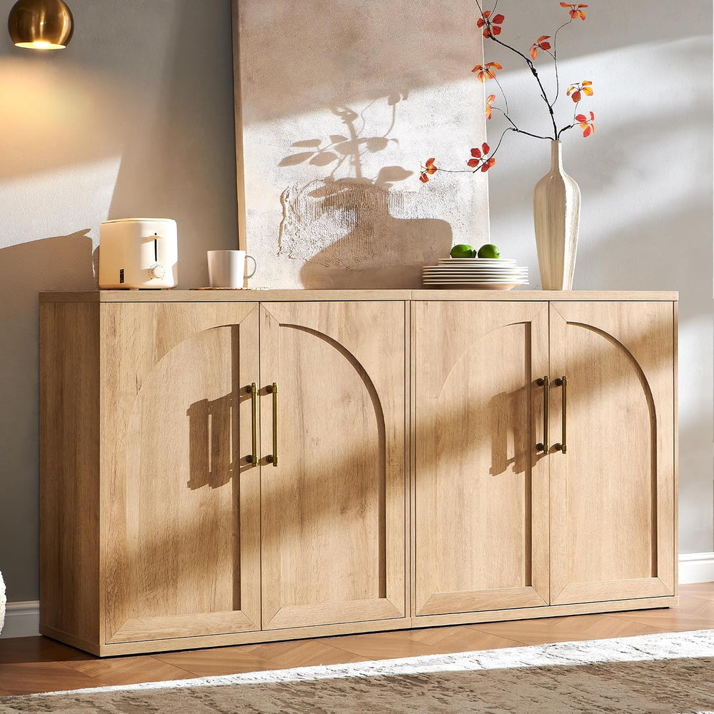 ACCOHOHO Glass Arched Door Sideboard Buffet Cabinet, Natural Oak