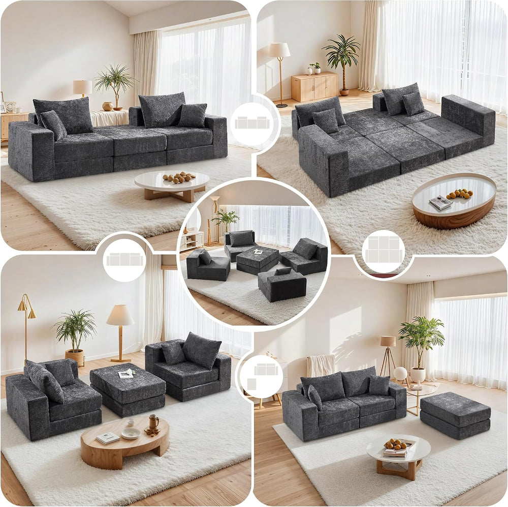 79" Boneless Couch with Ottoman, Compressed Sleeper Sofa Bed, Dark Grey