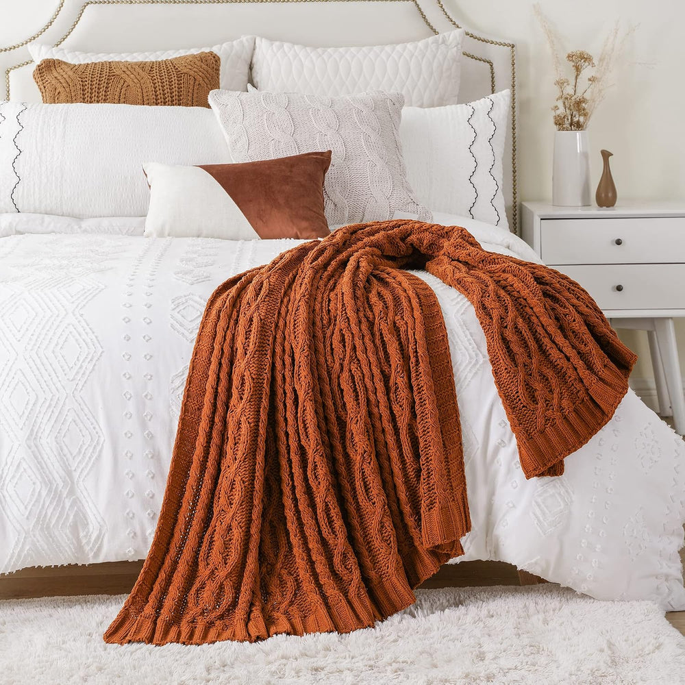 Battilo Rust Orange Throw Blanket for Couch, 51" x 67", Cable Knit ...