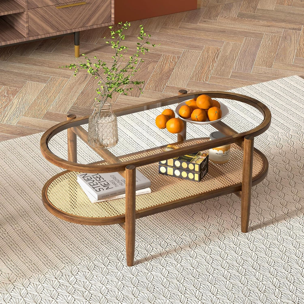 KOTEK Oval 2-Tier Rattan Coffee Table with Curved Wood Frame (Brown)