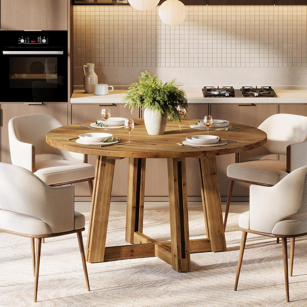 47.3" Solid Wood Dining Table for 4-6, Round Wood Kitchen Table