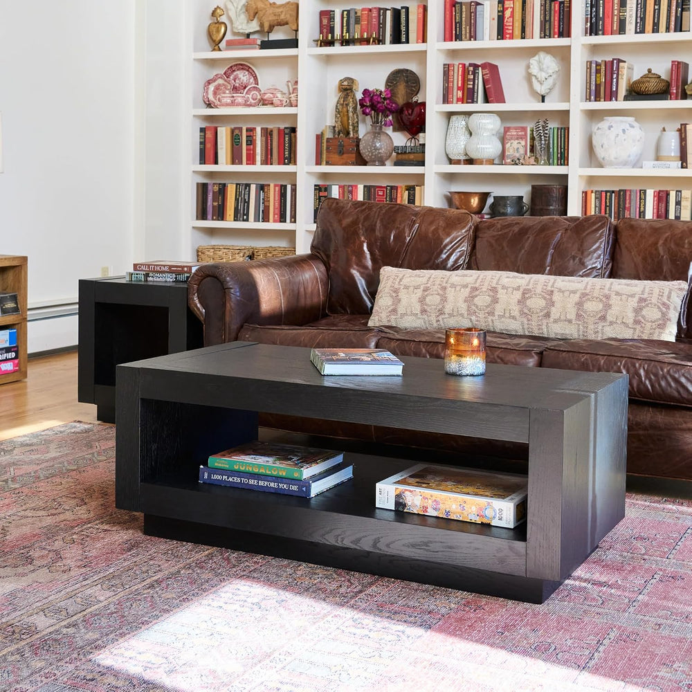 Maven Lane Artemis Coffee Table with Storage, Black Solid Wood, 18"