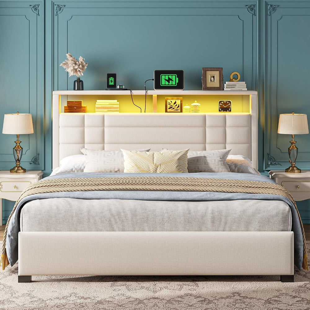 EnHomee Queen Upholstered Bed Frame with LED Lights & Charge Station, Beige