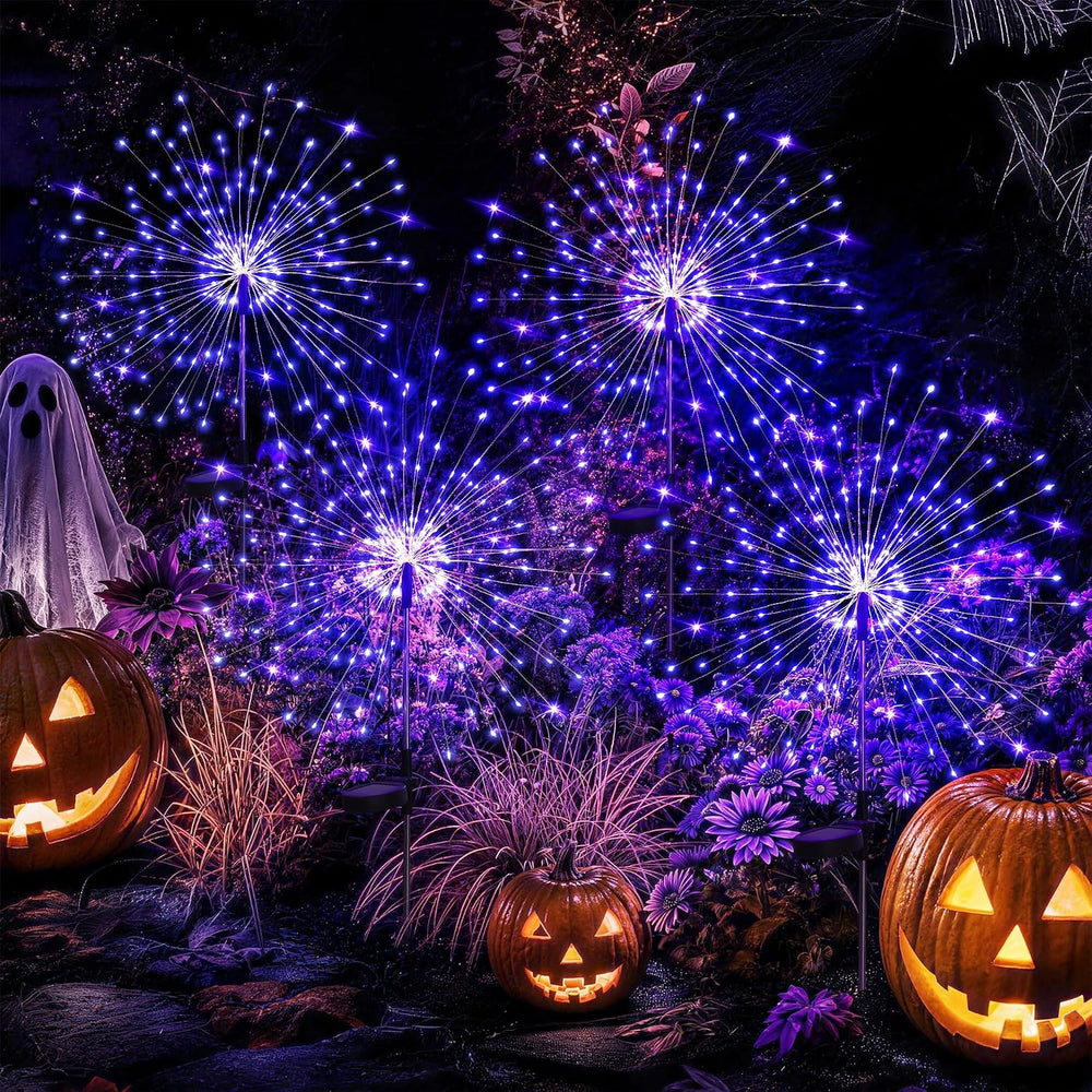 GIGALUMI 4 Pack Solar Firework Lights Outdoor, Halloween Decor, Purple