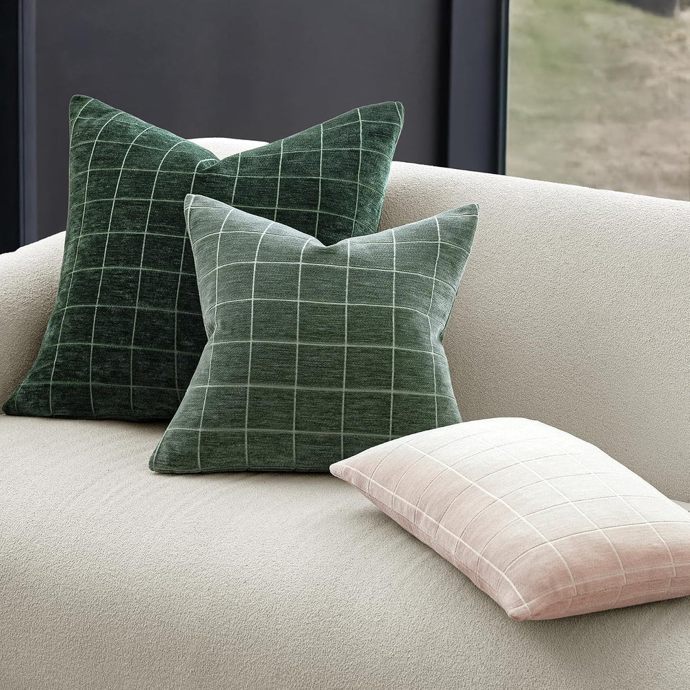 Decorative Chenille Plaid Throw Pillow Covers Sage Green 24x24 Set of 2