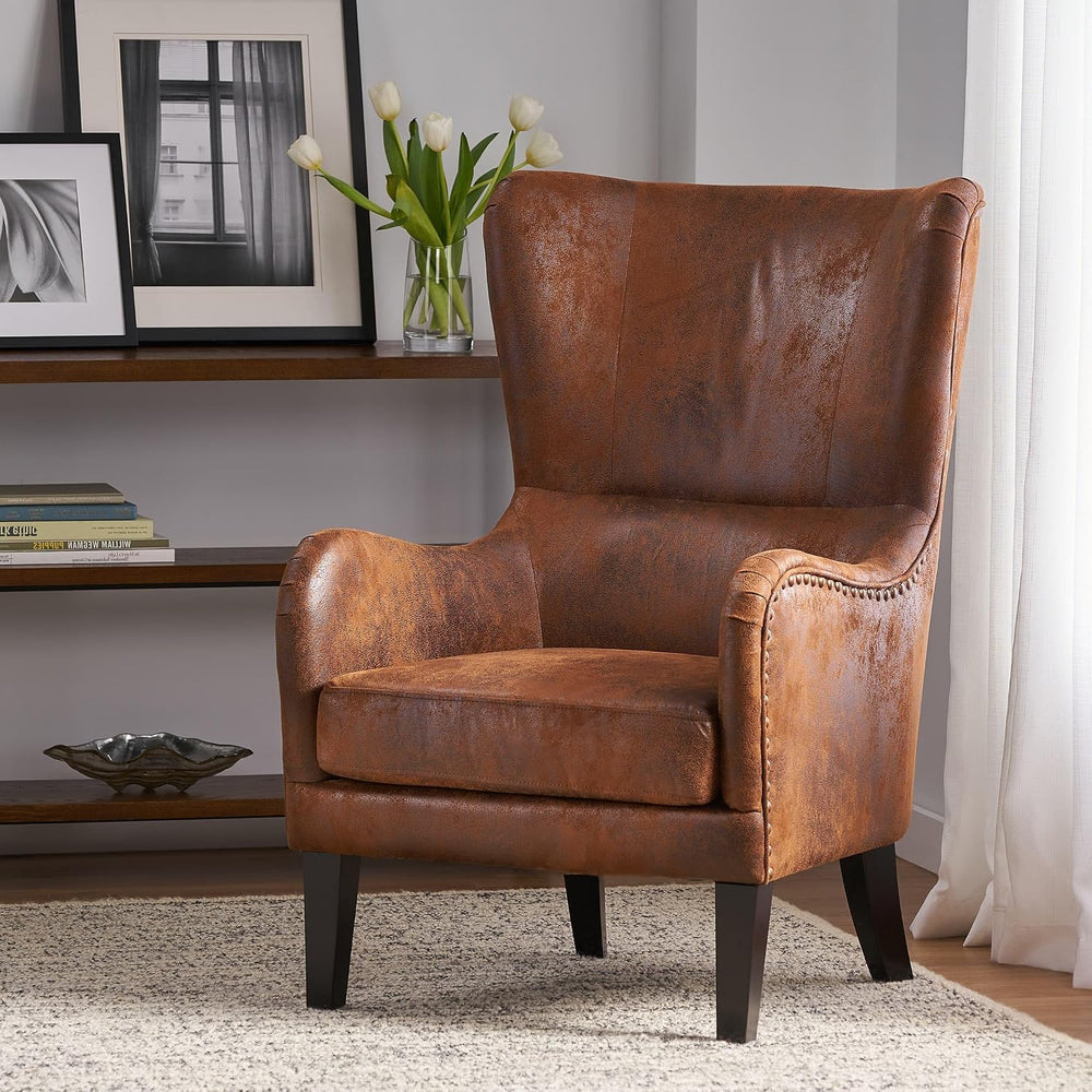 Mid-Century Modern Wingback Accent Chair, Faux Leather with Nailhead Trim