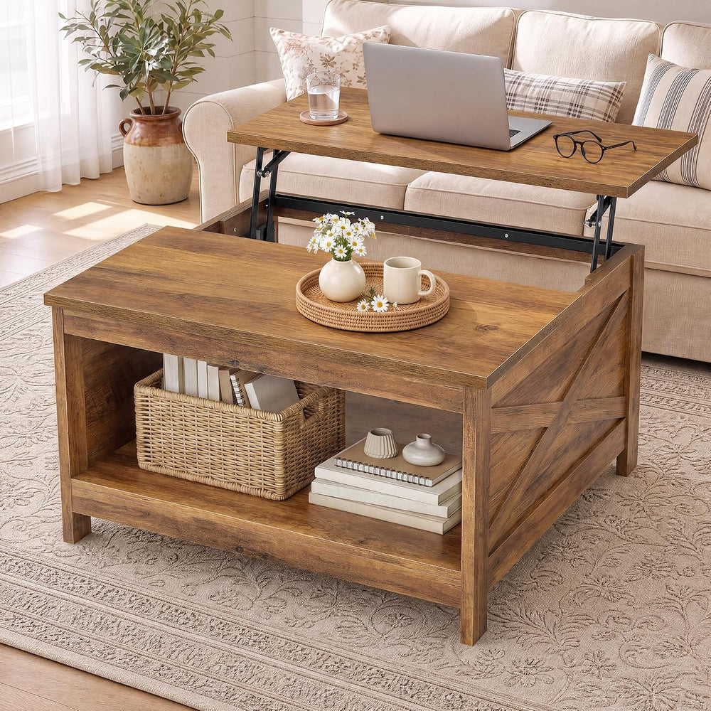 VASAGLE Lift Top Coffee Table, Square Farmhouse Coffee Table with Storage