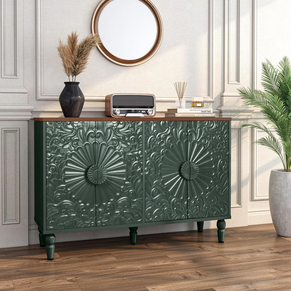 Accent Cabinet with 4 Vintage Carved Flower Doors, Green