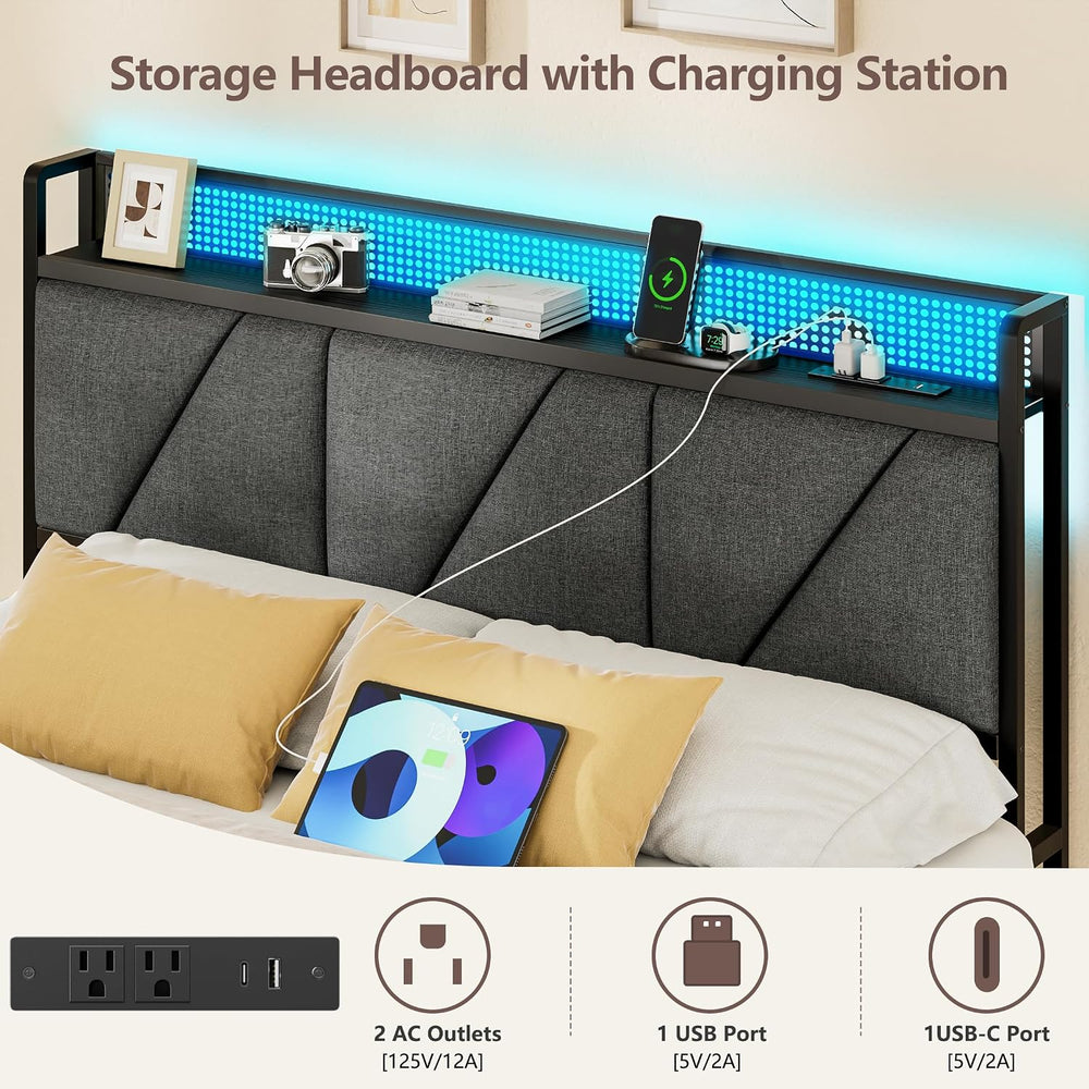 Furnulem Full Size Bed Frame with 2 Storage Drawers & Upholstered Headboard
