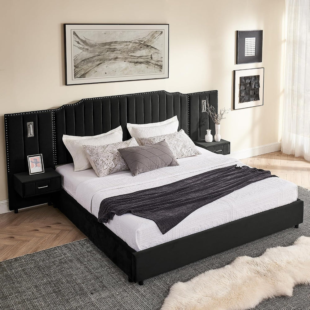 King Size Velvet Platform Bed with LED Lights and Nightstands, Black
