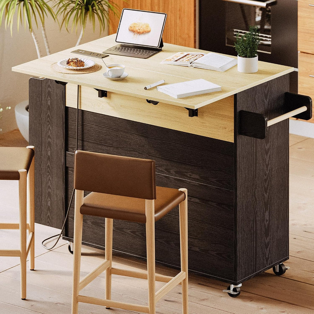 IRONCK Kitchen Island with Storage, Charging Station and Drop Leaf, Black