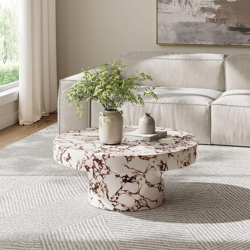 Modway Alora Round Concrete Coffee Table with Faux Stone Finish in Red Marble...
