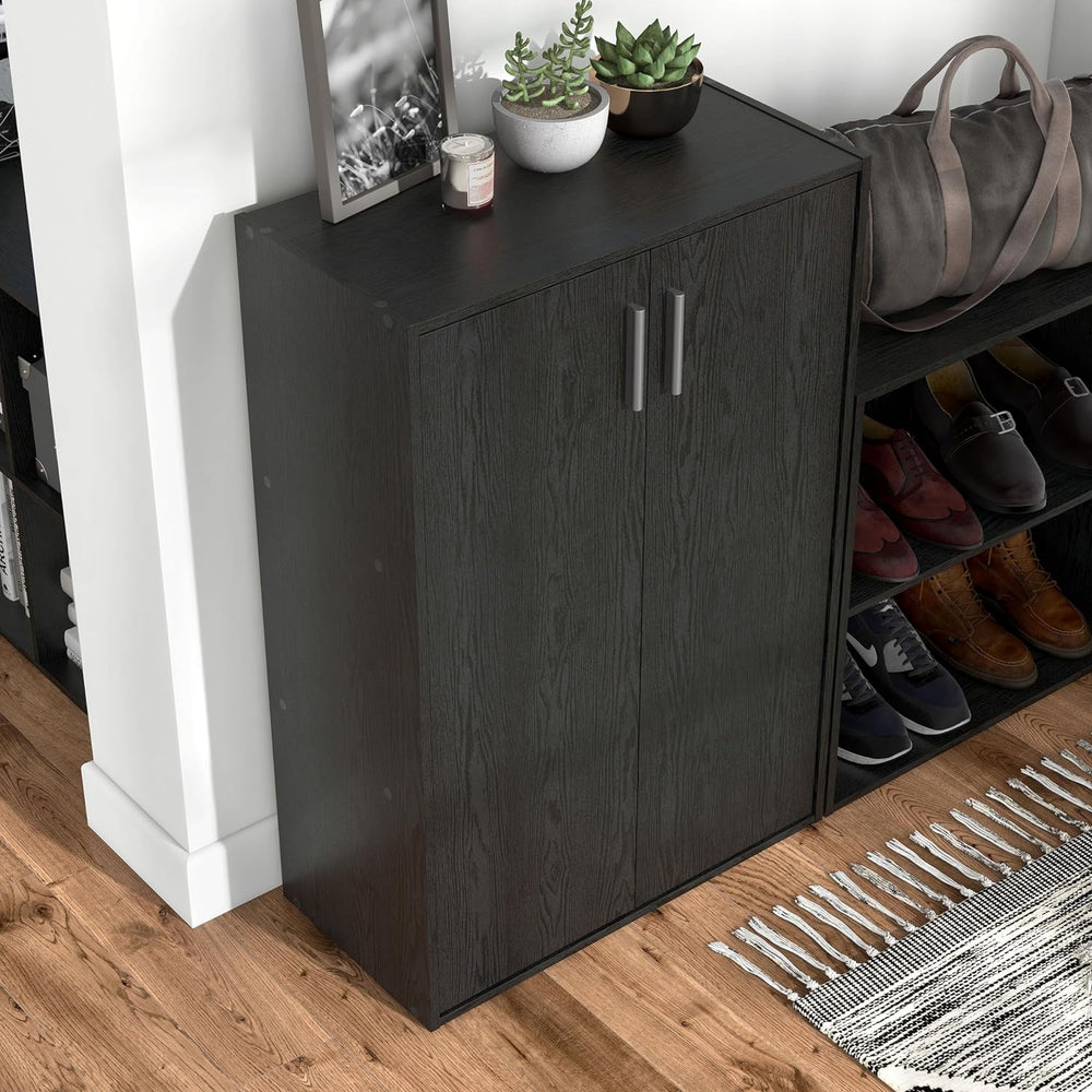 Homes: Inside + Out Apexa 3-Tier Stackable Wood Bookcase with Doors, Cube Sto...