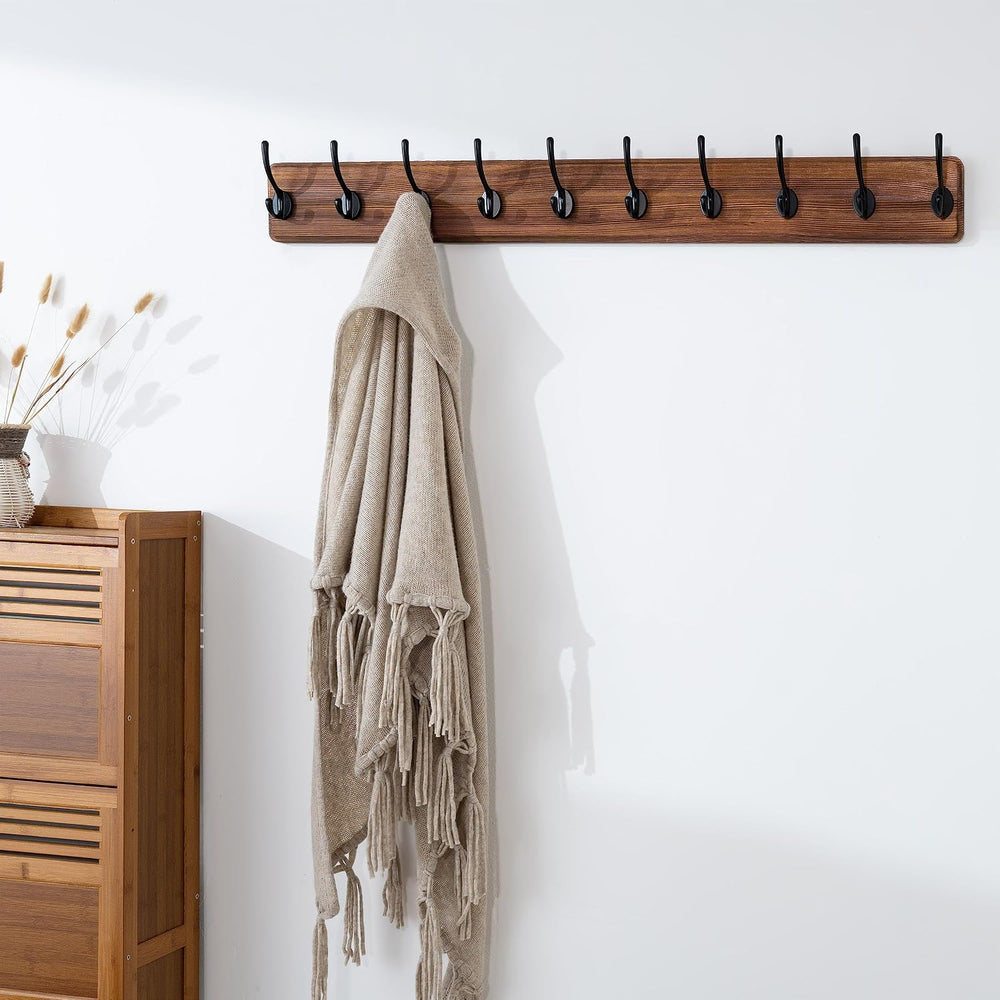 SKOLOO Rustic Wall Mounted Coat Rack, 10 Hooks, 38", Solid Wood, Brown