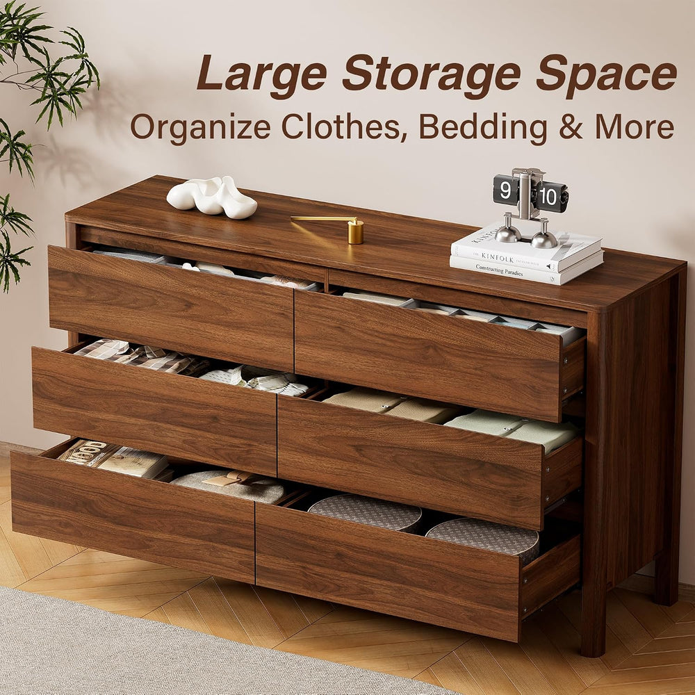 Furniway 55.1" Wide 6 Drawer Wood Dresser for Bedroom with Legs, Walnut