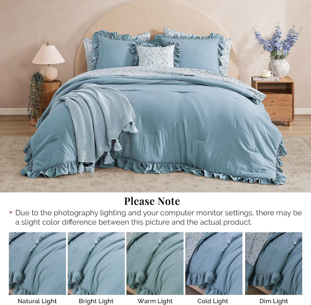 BLOOMHAVEN Queen Comforter Set-7 Pieces Ruffle Bedding with Floral Sheet