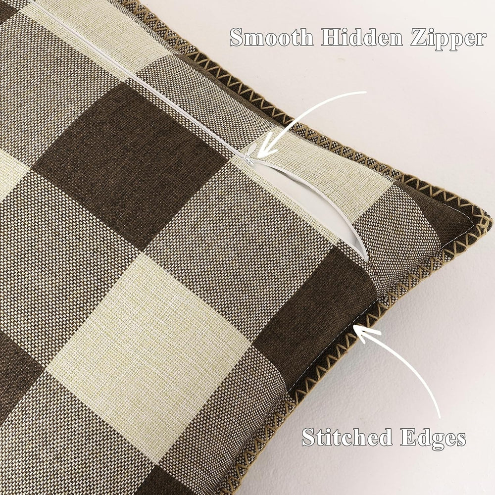 decorUhome Fall Plaid Linen Throw Pillow Covers 26x26 Set of 2 Brown Beige
