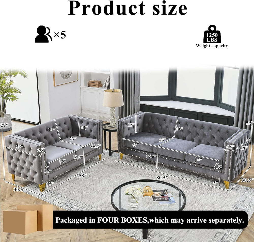 2 Piece Chesterfield Velvet Combination Sofa Set for Living Room,3-Seater and...